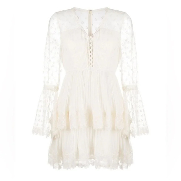 NEW Self-Portrait Chiffon Lace Tiered Mini Dress White Ivory | size UK 8 / US 4 - Picture 6 of 16